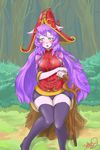  bad_id bad_pixiv_id black_legwear blush breasts green_eyes hat highres large_breasts league_of_legends long_hair lulu_(league_of_legends) purple_hair purple_skin sitting sitting_on_tree_stump solo staff thighhighs thighs tree_stump trombe very_long_hair wide_hips 