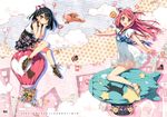  :d absurdres aircraft black_hair blush cloud dirigible dress hair_ribbon hands_on_own_cheeks hands_on_own_face highres hot_air_balloon kantoku kurumi_(kantoku) legs long_hair multiple_girls one_side_up open_mouth original outstretched_arms pink_eyes plaid plaid_skirt red_hair ribbon sandals scan shizuku_(kantoku) shoes side_ponytail sitting skirt smile spread_arms two_side_up white_dress zeppelin 