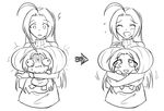  :i asphyxiation between_breasts breasts bulging_eyes chibi dual_persona greyscale hug huge_breasts idolmaster idolmaster_(classic) long_hair matsu-sensei miura-san miura_azusa monochrome multiple_girls puchimasu! ribbed_sweater sketch sweater 