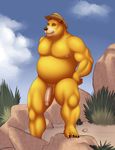  5_toes anthro balls bear biceps big_muscles brown_eyes brown_nose chubby cloud clouds cowboy_hat fur half-erect hat hyenafur long_penis male mammal musclegut muscles nude orange_fur outside penis rock sky smile solo standing toes vamplust vein 