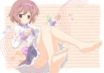  bare_legs barefoot blouse blush_stickers brown_eyes brown_hair feet hairband long_sleeves looking_at_viewer lying panties pantyshot pantyshot_(lying) pink_background purple_panties reclining shino_megumi short_hair simple_background skirt smile solo staff_(music) striped striped_background touhou tsukumo_yatsuhashi underwear 