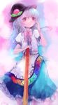  blue_hair bow dress food frown fruit hand_in_hair hat highres hinanawi_tenshi layered_dress leaf long_hair looking_away maccha_cocoa_(mococo) multicolored multicolored_background peach puffy_short_sleeves puffy_sleeves red_eyes short_sleeves solo sword_of_hisou touhou 