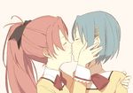  blue_hair blush bow closed_eyes hair_bow hair_ornament hand_on_another's_face hand_on_shoulder kiss long_hair mahou_shoujo_madoka_magica miki_sayaka multiple_girls nakamura_(marakimi) ponytail portrait red_hair sakura_kyouko school_uniform short_hair yuri 