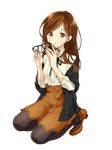  brown_eyes brown_hair eyewear_removed full_body glasses highres holding holding_eyewear long_hair masami05071541 original pantyhose shoes skirt solo transparent_background 