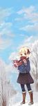  alternate_costume black_legwear blonde_hair blue_sky boots cloud covered_mouth day hair_ribbon highres jacket mittens murani pantyhose red_eyes ribbon rumia scarf scarf_over_mouth skirt sky snow snowing solo touhou tree 