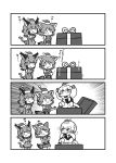  3girls 4koma animal_ears anteater_ears anteater_tail bangs black-backed_jackal_(kemono_friends) blush bow bowtie box caracal_(kemono_friends) caracal_ears caracal_tail christmas closed_mouth comic elbow_gloves empty_eyes eyebrows_visible_through_hair fang flipped_hair gift gift_box gloves greyscale hat high-waist_skirt highres jackal_ears jackal_tail kemono_friends kotobuki_(tiny_life) long_sleeves looking_at_another medium_hair monochrome multicolored_hair multiple_girls open_box open_mouth santa_hat shirt short_hair short_sleeves shorts silky_anteater_(kemono_friends) skirt sleeveless sleeveless_shirt smile standing tail translation_request 