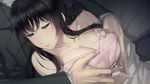  1boy 1girl black_hair blue_eyes bra breast_grab breasts cleavage female game_cg grabbing kara_no_shoujo_2 kayahara_yukiko large_breasts lingerie long_hair solo sugina_miki underwear 