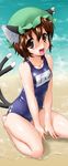  :d absurdres alternate_costume animal_ears beach blush brown_eyes brown_hair byeontae_jagga cat_ears cat_tail chen fang hat highres jewelry looking_at_viewer multiple_tails nekomata one-piece_swimsuit open_mouth school_swimsuit shiny shiny_clothes short_hair single_earring smile solo swimsuit tail touhou wet wet_clothes 