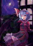  akisome_hatsuka alternate_costume bat_wings black_dress blue_hair coat dress fang flower full_moon ground_vehicle hair_flower hair_ornament hair_ribbon long_sleeves moon night open_clothes open_coat open_mouth red_eyes remilia_scarlet ribbon sitting smile solo touhou train window wings 