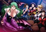  5girls bat_print blonde_hair breasts brown_hair capcom chiba_toshirou chun-li cleavage crossover demon_girl female green_hair king_of_fighters large_breasts leotard looking_at_viewer mature_(kof) morrigan_aensland multiple_girls muscle pantyhose patterned_legwear purple_hair rose_(street_fighter) snk street_fighter street_fighter_zero succubus vampire_(game) vice 