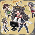  bare_shoulders black_eyes black_hair black_legwear blush boots brown_hair character_name detached_sleeves double_bun fang glasses hair_ornament hairband haruna_(kantai_collection) headgear hiei_(kantai_collection) japanese_clothes kantai_collection kirishima_(kantai_collection) kongou_(kantai_collection) long_hair monitor multiple_girls nanashii_(soregasisan) no_legwear nontraditional_miko open_mouth plaid short_hair skirt smile thigh_boots thighhighs yellow_eyes zettai_ryouiki 