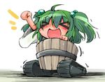  &gt;_&lt; arm_up blush bucket caterpillar_tracks closed_eyes green_hair ground_vehicle hair_bobbles hair_ornament kisume military military_vehicle motor_vehicle open_mouth shinapuu short_hair solo tank touhou wooden_bucket 