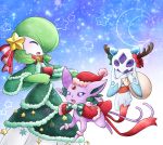  1girl :3 blue_background blush bow bowtie capelet christmas clothed_pokemon creatures_(company) crescent_moon crystal dress espeon eyes_closed fake_antlers female floating full_body fur-trimmed_capelet fur-trimmed_dress fur-trimmed_hat fur_trim game_freak gardevoir gen_2_pokemon gen_3_pokemon gen_4_pokemon glaceon gradient gradient_background green_bow green_capelet green_dress green_hair green_neckwear green_skin hair_ornament hair_over_one_eye hands_together hands_up happy hat heart holding jumping light_blush looking_at_another looking_up moon muguet nintendo open_mouth pokemon pokemon_(creature) purple_sclera red_bow red_capelet red_hat red_neckwear red_ribbon ribbon sack santa_hat short_hair smile snowflakes standing star two-tone_skin white_eyes white_skin 