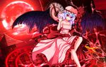  alternate_costume alternate_wings bad_id bad_pixiv_id bare_legs bare_shoulders blue_hair breasts clock clock_tower collarbone dress dutch_angle fingernails full_moon hand_up hat hat_ribbon head_tilt hexagram high_heels highres leg_up lightning looking_at_viewer magic_circle medium_breasts mob_cap moon nail_polish parted_lips red_eyes red_moon remilia_scarlet ribbon sash sharp_fingernails short_hair sitting solo spear_the_gungnir strapless strapless_dress tasogare_(ddfftasogare) touhou tower wings 