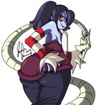  1girl 2013 artist_name ass ass_grab blue_skin detached_sleeves female huge_ass leviathan_(skullgirls) lipstick looking_back nail_polish naughty_face parasite pov_ass radlionheart red_eyes sideboob simple_background skullgirls solo squigly_(skullgirls) stitched_mouth white_background yellow_eyes zombie 