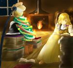  bad_id bad_pixiv_id blanket blonde_hair book_stack bow braid christmas_tree colored_eyelashes fire fireplace hair_bow hat hat_removed hat_ribbon head_rest headwear_removed high_collar highres indoors kirisame_marisa lamp long_hair looking_at_viewer night one_eye_closed puffy_short_sleeves puffy_sleeves reading ribbon short_sleeves single_braid sitting slippers smile snow solo touhou vest window witch_hat wrist_cuffs yellow_eyes yukidaifuku 