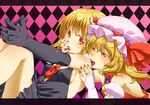  adapted_costume argyle argyle_background bare_shoulders black_gloves blonde_hair blush bow breasts bridal_gauntlets elbow_gloves flandre_scarlet gloves hair_bow hat highres licking multiple_girls nail_polish open_mouth red_eyes rumia shirane_koitsu short_hair small_breasts touhou yuri 
