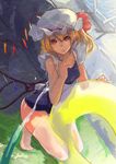  blonde_hair darwinwu flandre_scarlet hat hat_ribbon highres hose innertube kneeling mob_cap one-piece_swimsuit open_mouth red_eyes ribbon school_swimsuit side_ponytail solo swimsuit thighhighs touhou white_background wings 