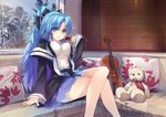  blue_eyes blue_hair bow breasts couch crossed_legs cup hair_bow holding instrument long_hair looking_at_viewer medium_breasts original parted_lips pillow ponytail rain_lan sitting skirt solo stuffed_animal stuffed_toy teacup teddy_bear violin window 