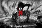  aura barefoot black_hair blood dark_persona glowing glowing_eyes ground_shatter male_focus monkey_d_luffy monochrome muscle no_hat no_headwear one_piece saeed_jalabi shorts solo spot_color squatting vest 