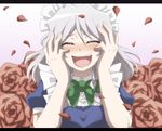  ^_^ anime_coloring blush bow braid closed_eyes floral_background flower gradient gradient_background hair_bow hands_on_own_face izayoi_sakuya letterboxed maid_headdress nitoni open_mouth petals red_flower red_rose ribbon rose short_hair silver_hair solo touhou twin_braids upper_body vest 