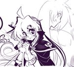  1girl :d ahoge back-to-back bracelet cape eyelashes gloves gourry_gabriev headband jewelry light_rays lina_inverse long_hair magic monochrome open_mouth pauldrons sho-n-d sketch slayers smile 