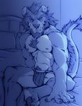  abs aluminemsiren anthro bear beard bed biceps blue_theme bulge chest_tuft claws facial_hair fangs feline fur hair hybrid jockstrap lion looking_at looking_at_viewer male mammal mane muscles nipples pecs pillow pose pubes sitting solo teeth toe_claws toned topless tuft tusks underwear viewer 