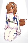  1boy androgynous ayanami_rei ayanami_rei_(cosplay) brown_eyes brown_fur brown_hair brown_nose canine cosplay crossdressing curvy dog doxy freckles fur furry hair kneeling lips male male_focus mammal marty marty_(onta) neon_genesis_evangelion onta plugsuit rei_ayanami skin_tight solo space_suit test_plugsuit trap 