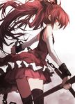  bare_shoulders black_legwear boots casual detached_sleeves long_hair looking_at_viewer looking_back magical_girl mahou_shoujo_madoka_magica polearm ponytail red_eyes red_hair red_skirt sakura_kyouko shorts skirt solo spear thighhighs weapon zen_o 