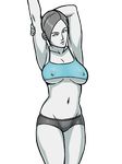  arms_up breasts cleavage covered_nipples crop_top grey_eyes grey_hair groin highres large_breasts navel nikcesco short_shorts shorts solo tank_top transparent_background underboob white_skin wii_fit wii_fit_trainer 
