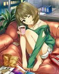  ;) artist_request barefoot belt_boots boots boots_removed cellphone coffee couch cup disposable_cup feet_on_chair green_eyes green_hair head_tilt heterochromia holding holding_cup idolmaster idolmaster_cinderella_girls jewelry legs mole mole_under_eye necklace no_legwear official_art one_eye_closed phone shoes_removed short_hair sleeves_past_wrists smartphone smile solo takagaki_kaede 