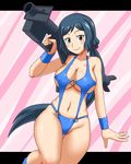  armband blue_eyes blue_hair blush breasts covered_nipples curvy goriate gundam gundam_build_fighters iori_rinko large_breasts long_hair looking_at_viewer mature navel o-ring o-ring_swimsuit ponytail rocket_launcher shiny shiny_skin slingshot_swimsuit smile solo swimsuit trigger_discipline victory_gundam weapon 