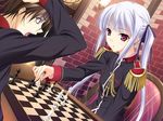  1boy 1girl board_game brick_wall brown_eyes brown_hair chair chess chessboard dutch_angle epaulettes game_cg hair_ribbon komori_kei lisa_eostre long_hair mizuno_takahiro open_mouth playing_games red_eyes ribbon risa_eostole school_uniform short_hair silver_hair twintails walkure_romanze 