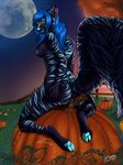  blue_hair blue_nipples blue_pussy breasts butt butt_grab claws cyiakanami digitigrade female hair hindpaw kneeling looking_back mammal masturbation night nipples nude outside pawpads paws pumpkin pussy pussy_juice skunk soles solo stripes toes 