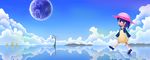  andou_natsumi blue_hair cloud day dress hat highres moomlin natsumi_step! planet reflection ripples salt_flats sky smile solo sun_hat wading walking walking_on_liquid water 