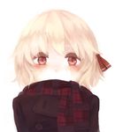  alternate_costume bad_id bad_pixiv_id blonde_hair blush coat hair_ribbon lispict looking_at_viewer red_eyes ribbon rumia scarf short_hair simple_background solo touhou upper_body white_background 