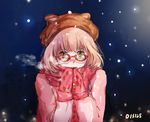  1girl animal_ears blonde_hair breath covering_face covering_mouth galanyu glasses green_eyes hat kuriyama_mirai kyoukai_no_kanata mittens night pink red-framed_glasses scarf scarf_over_mouth snow snowing solo strawberry sweater winter winter_clothes yellow_eyes 