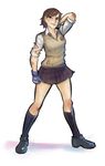  brown_hair bruise full_body gloves injury kazama_asuka loafers plaid plaid_skirt psuede shoes short_hair skirt socks solo sweater_vest tekken torn_clothes white_background 