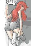  absurdres ass bad_id bad_pixiv_id black_legwear blush brown_eyes casual highres katarina_du_couteau league_of_legends long_hair red_hair sketch socks solo thighhighs trombe undressing 