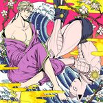  barefoot blonde_hair cherry_blossoms japanese_clothes jojo_no_kimyou_na_bouken killer_queen kimono kira_yoshikage multiple_boys stand_(jojo) u_(lastcrime) upside-down 