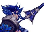  1girl armor artist_request blue_eyes blue_hair breasts capcom cleavage fukoujiman horns monster_hunter monster_hunter_frontier robust_(armor) solo weapon 