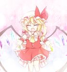  ascot bad_id bad_pixiv_id blonde_hair bloomers closed_eyes fangs flandre_scarlet gradient gradient_background hat hat_ribbon heart highres incoming_hug knees_together mob_cap open_hands open_mouth outstretched_arms pink_background ribbon short_hair short_sleeves side_ponytail skirt skirt_set solo touhou tsumurikoto underwear wings wrist_cuffs 