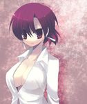  bazett_fraga_mcremitz breasts cleavage earrings fate/hollow_ataraxia fate/stay_night fate_(series) jewelry large_breasts open_clothes open_shirt purple_eyes purple_hair shirt solo yuzuki_gao 