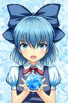  blue_background blue_eyes blue_hair bow cirno gin_fuaru hair_bow hands_together holding ice looking_at_viewer open_mouth puffy_short_sleeves puffy_sleeves ribbon short_hair short_sleeves simple_background solo touhou upper_body water_drop 