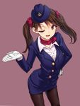  aya_shachou black_legwear brown_eyes brown_hair gloves hand_on_hip hat looking_at_viewer one_eye_closed open_mouth original pantyhose pencil_skirt skirt smile solo stewardess twintails uniform white_gloves 