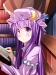  book bookshelf crescent hat library long_hair looking_at_viewer open_mouth patchouli_knowledge purple_eyes purple_hair skirt solo_focus touhou upper_body warabi_mochi_(ehimedaisuki) 