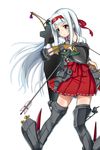  arrow bad_id bad_pixiv_id blush boots bow_(weapon) hairband hawe_king japanese_clothes kantai_collection long_hair muneate shoukaku_(kantai_collection) skirt solo tears thigh_boots thighhighs weapon white_hair 
