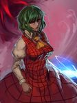  adapted_costume ascot breasts dress glowing glowing_weapon green_hair inishie_kumo juliet_sleeves kazami_yuuka large_breasts long_sleeves looking_at_viewer parasol puffy_sleeves red_dress red_eyes red_lips solo touhou umbrella weapon 