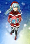  1girl android boots christmas gift labrys persona persona_4 persona_4:_the_ultimate_in_mayonaka_arena ponytail robot_joints santa_hat santa_suit scarf snow 