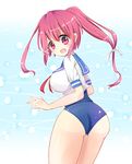  ass back blush breasts hair_ribbon i-168_(kantai_collection) kantai_collection large_breasts long_hair looking_back one-piece_swimsuit open_mouth pink_eyes pink_hair ponytail ribbon richun school_swimsuit school_uniform serafuku solo swimsuit swimsuit_under_clothes 